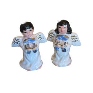 Vintage MCM 50s Japan Raven Black Hair Choir Angels Singing Boy Girl Set Of 2